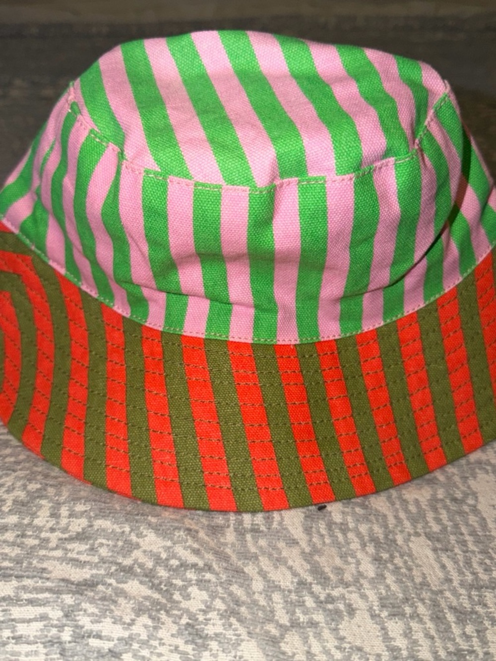 Kids Striped Bucket Hat in Pink & Green with Orange Brim